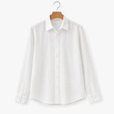 White dress shirt on a hanger against a white background