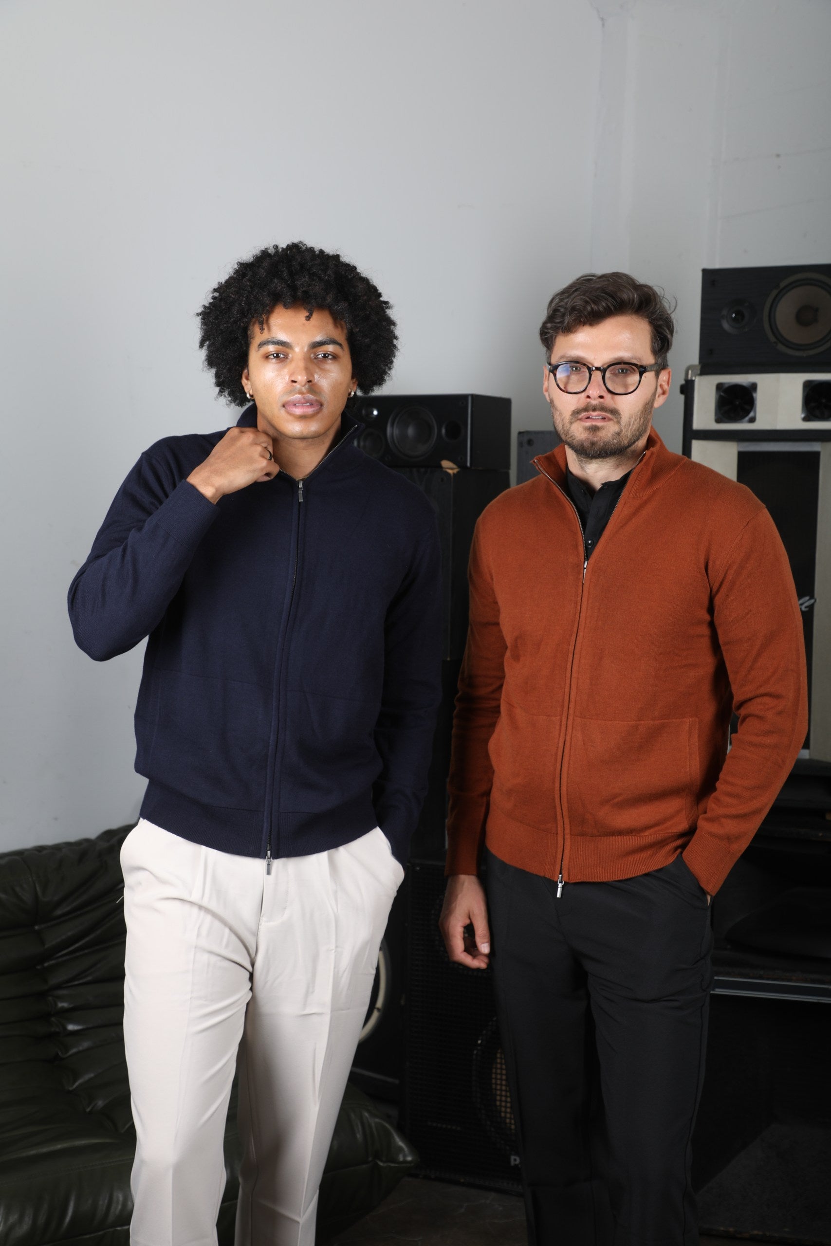 Two Stedford Model standing in a room with audio equipment